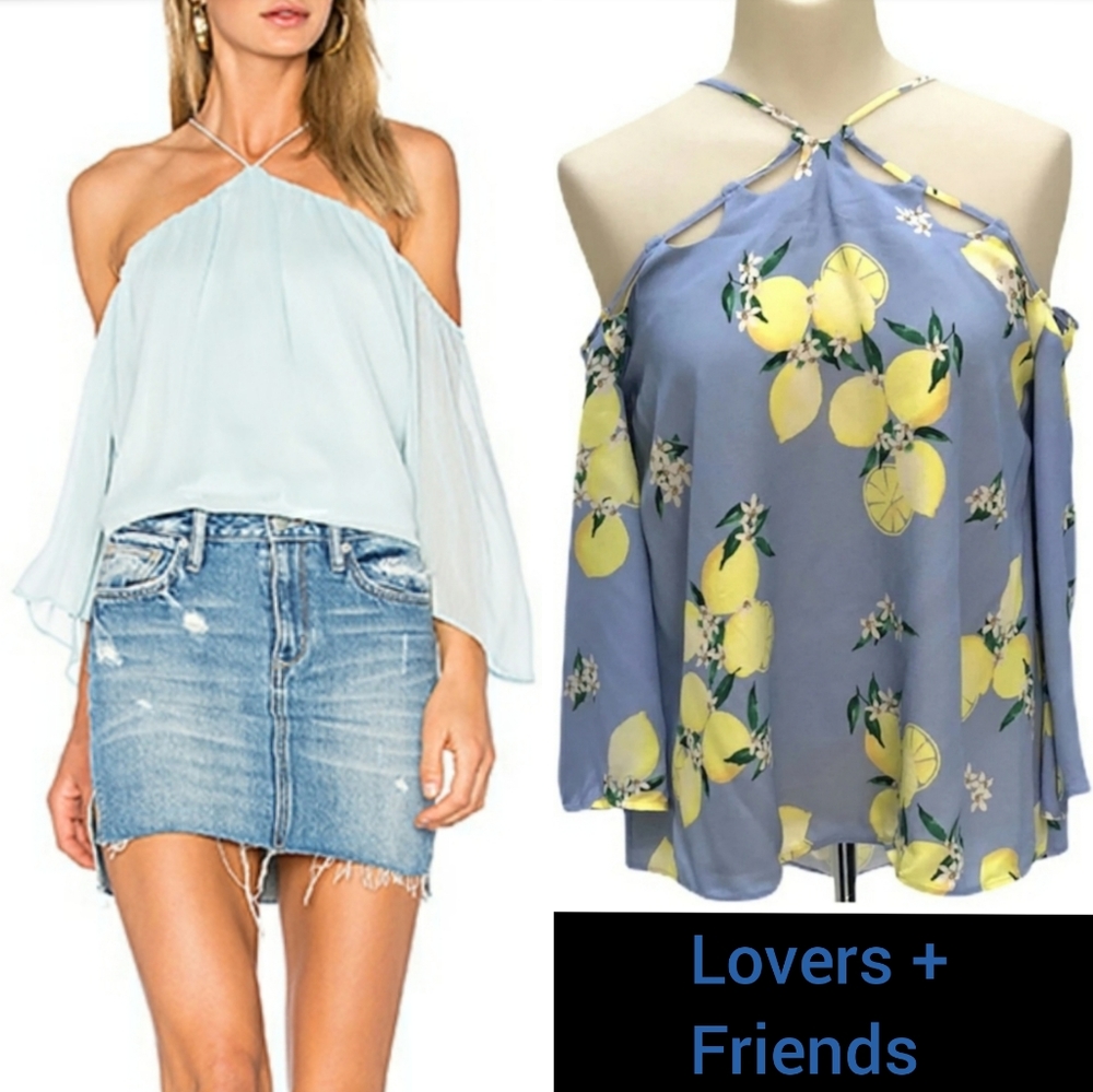 Lovers + Friends Thai Halter Cold Shoulder Top | Lemon Sky Print EUC sz S